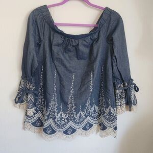 ECI Denim Blue Blouse with Lace Details